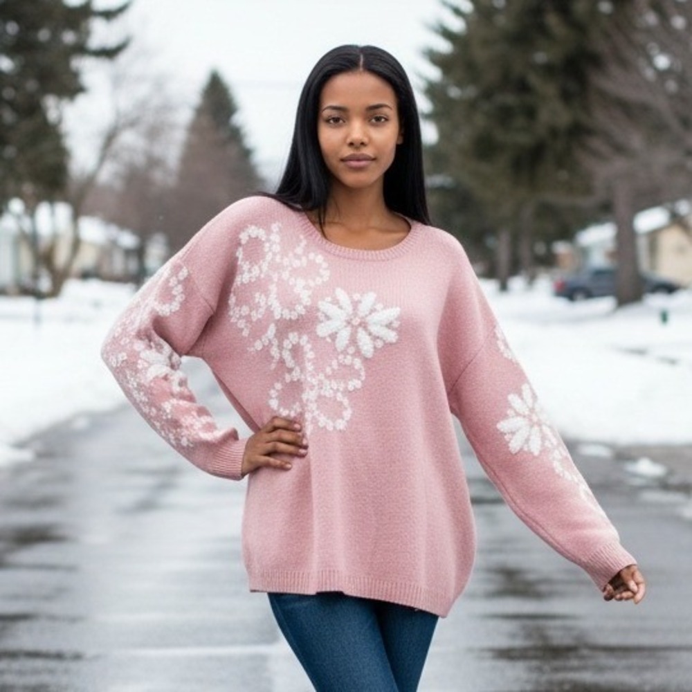 Nina Leonard‎ XL Sweater Heavy Knit Pink White Snowflake Stretch L/S Round Neck
